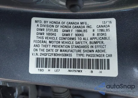 2017 Honda Civic Ex из США, поврежденный, VIN 2HGFC2F80HH508455